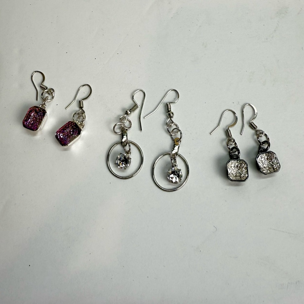3 Pair Handmade Dangle Earrings Geometric Crystals Silver & Iridescent Purple